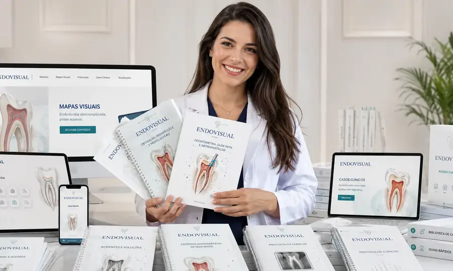Cirurgiã-dentista com a coleção impressa e digital EndoVisual, em alta resolução